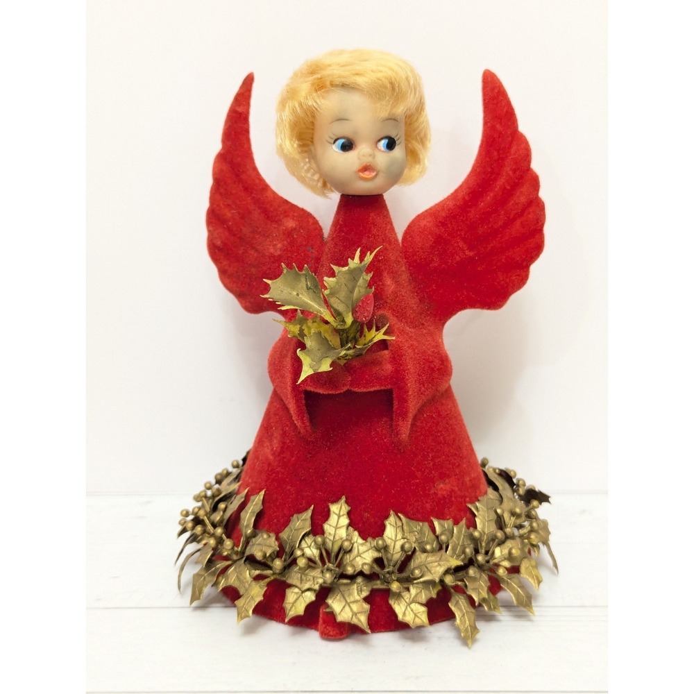Vtg Mid Century 7" Red Flocked Christmas Angel Tree Topper Plastic Gold Holly